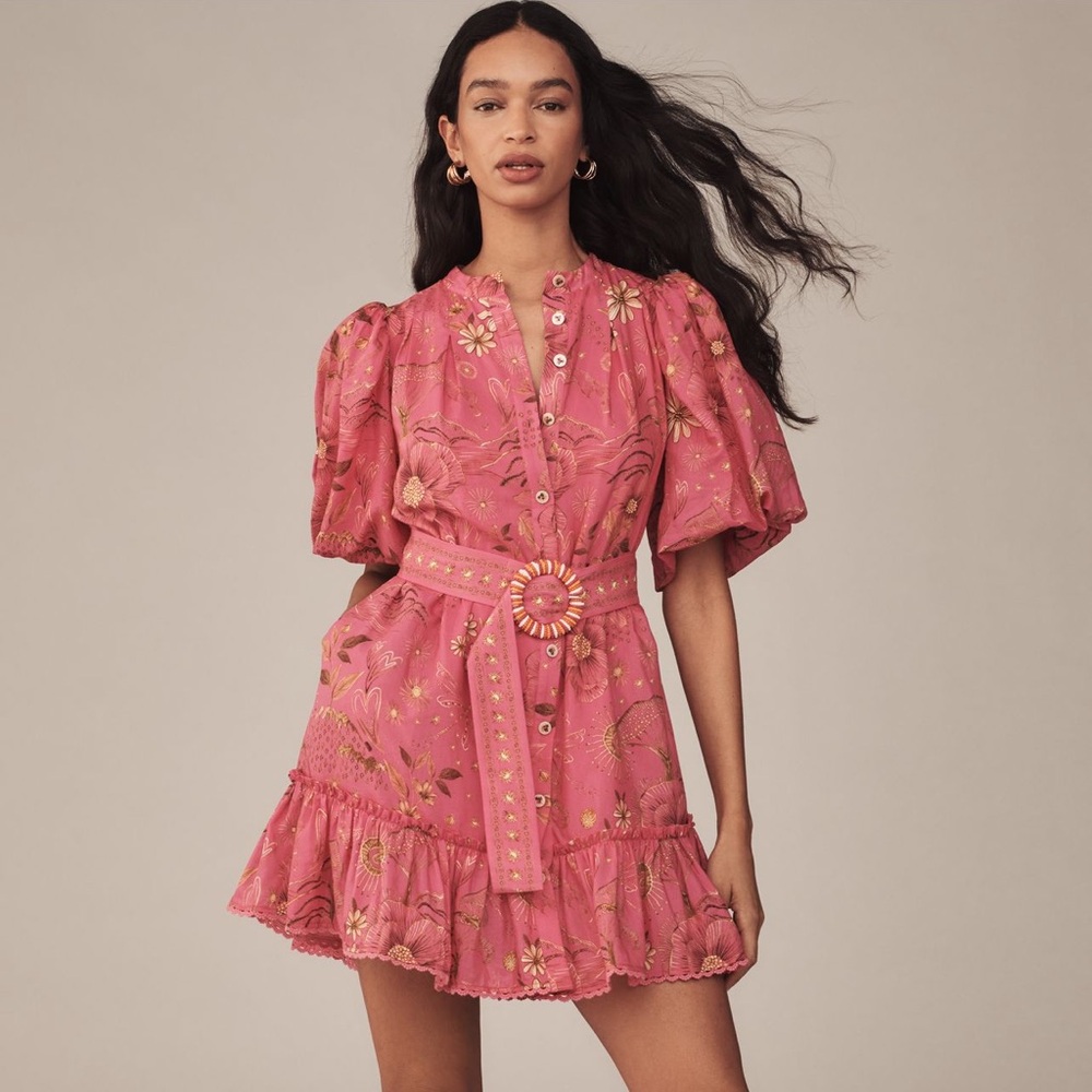 NWT XXS Farm Rio Pink Short Sleeve Button Front Mini Dress